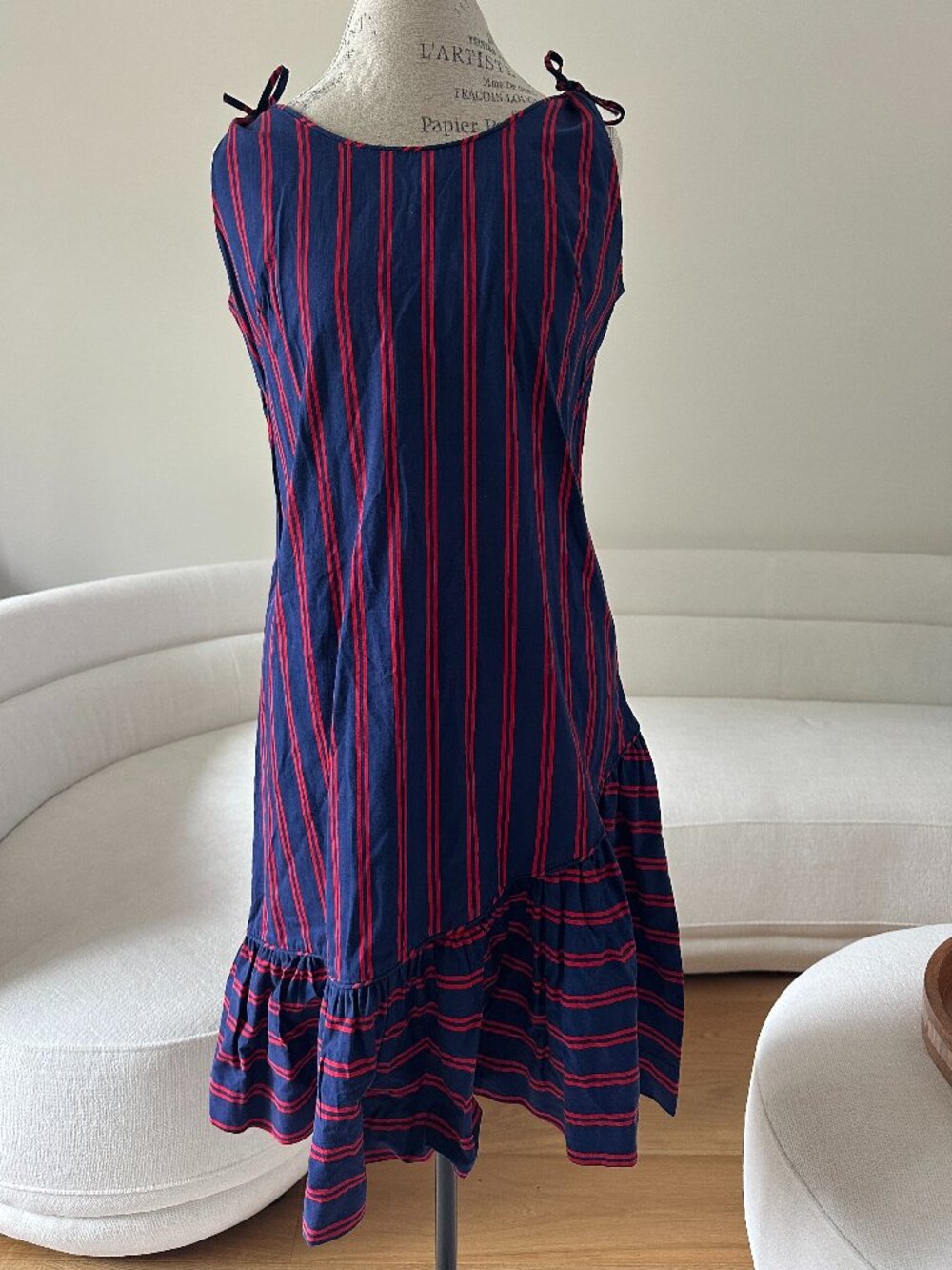 1960s Rhapsody by Glazier Navy Red Cotton Striped Sundress Drop-Waist Flounce
